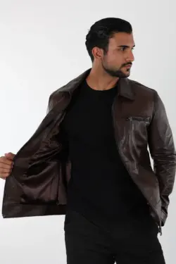 Balos Erkek Kahverengi Kısa Hakiki Deri Ceket - Görsel 5