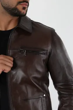 Balos Erkek Kahverengi Kısa Hakiki Deri Ceket - Görsel 3