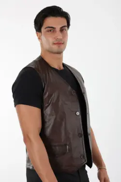 Erkek Kahverengi Hakiki Deri Yelek