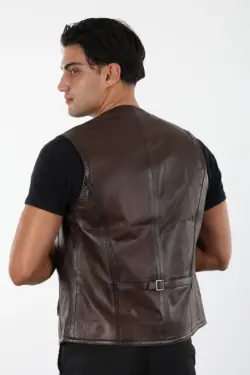 Erkek Kahverengi Hakiki Deri Yelek