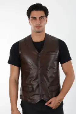 Erkek Kahverengi Hakiki Deri Yelek