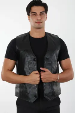 Siyah Erkek Hakiki Deri Yelek 016 - Görsel 7