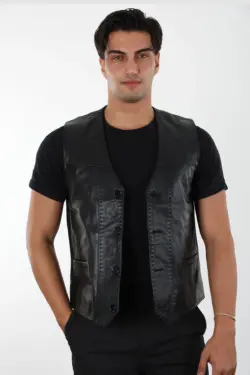 Siyah Erkek Hakiki Deri Yelek 016