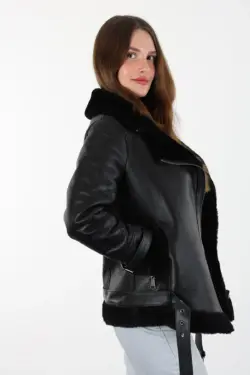 Barrow Siyah Kadın Hakiki Deri Mont