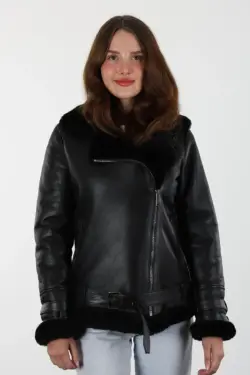 Barrow Siyah Kadın Hakiki Deri Mont