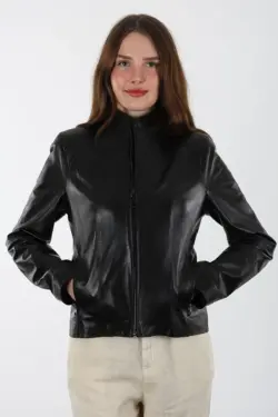 Boleyn Kadın Kısa Siyah Hakiki Deri Ceket