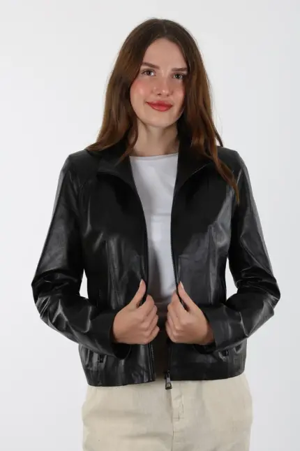 Boleyn Kadın Kısa Siyah Hakiki Deri Ceket
