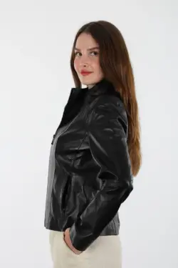 Boleyn Kadın Kısa Siyah Hakiki Deri Ceket