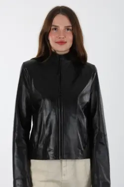 Boleyn Kadın Kısa Siyah Hakiki Deri Ceket