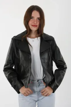 Cınar Kısa Siyah Kadın Hakiki Deri Ceket