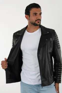 Davidson Erkek Siyah Kısa Hakiki Deri Ceket