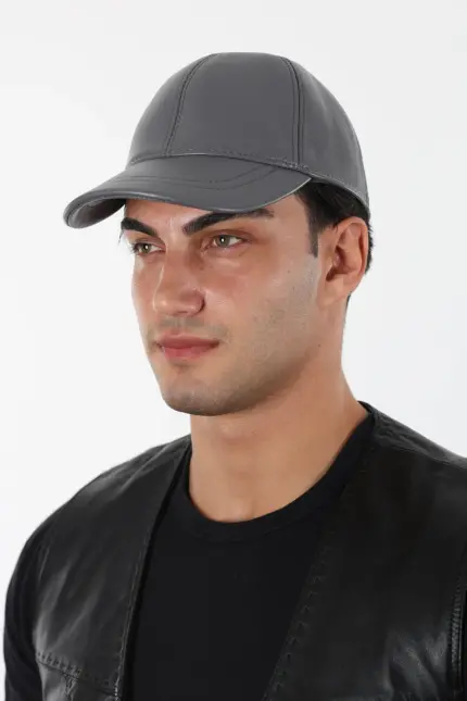 DERİHOUSE Unisex Gri Hakiki Deri Şapka