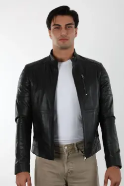 Diego Erkek Siyah Kısa Hakiki Deri Ceket