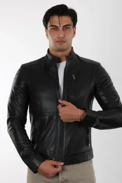 Diego Erkek Siyah Kısa Hakiki Deri Ceket