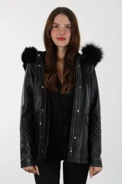 Druzy Kısa Siyah Kadın Hakiki Deri Mont