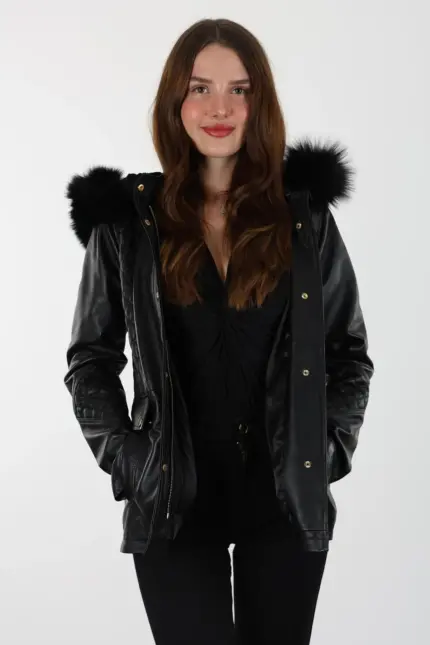 Druzy Kısa Siyah Kadın Hakiki Deri Mont