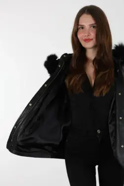 Druzy Kısa Siyah Kadın Hakiki Deri Mont