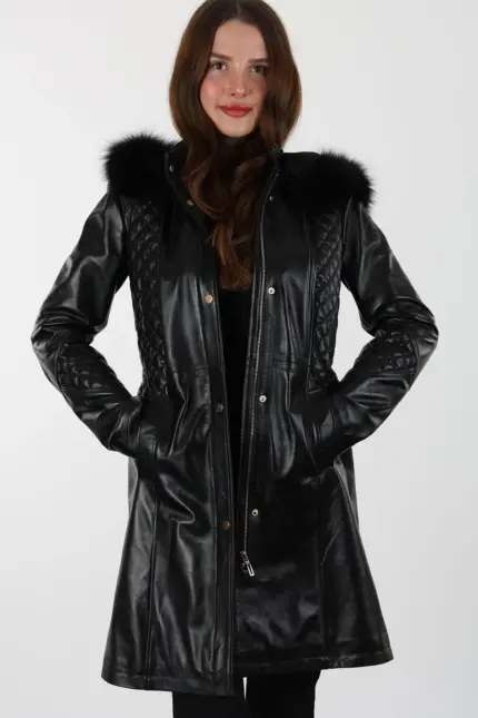 Druzy Uzun Siyah Kadın Hakiki Deri Mont