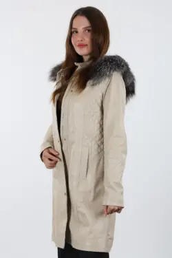 Druzy Kadın Bej Uzun Hakiki Deri Ceket