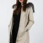 Druzy Kadın Bej Uzun Hakiki Deri Ceket