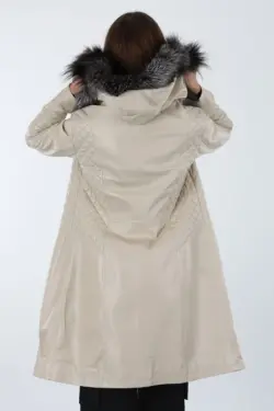 Druzy Kadın Bej Uzun Hakiki Deri Ceket