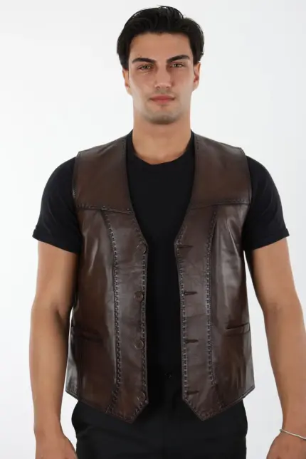 016 Erkek Kahverengi Hakiki Deri Yelek