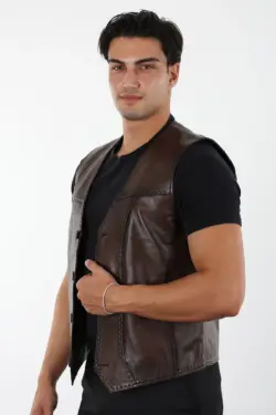 016 Erkek Kahverengi Hakiki Deri Yelek