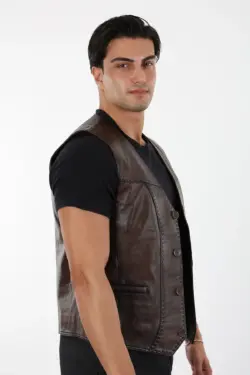 016 Erkek Kahverengi Hakiki Deri Yelek