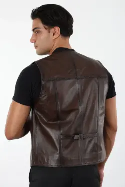016 Erkek Kahverengi Hakiki Deri Yelek