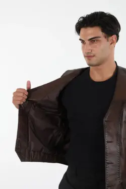 016 Erkek Kahverengi Hakiki Deri Yelek