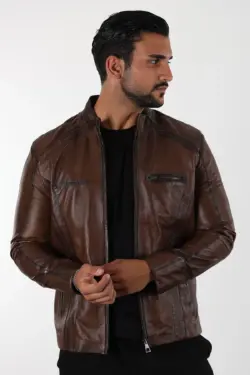Küba Erkek Kahverengi Kısa Hakiki Deri Ceket