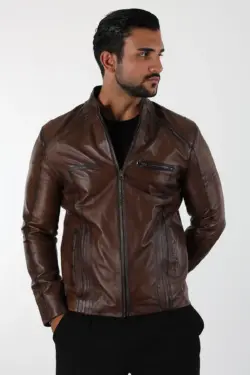 Küba Erkek Kahverengi Kısa Hakiki Deri Ceket