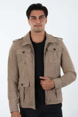 Petra Erkek Bej Kısa Hakiki Deri Ceket