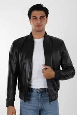 Robert Erkek Siyah Kısa Hakiki Deri Ceket