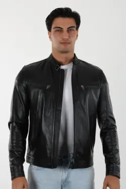 Varombe Erkek Siyah Kısa Hakiki Deri Ceket