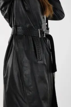 Zig Siyah Uzun Kadın Hakiki Deri Ceket