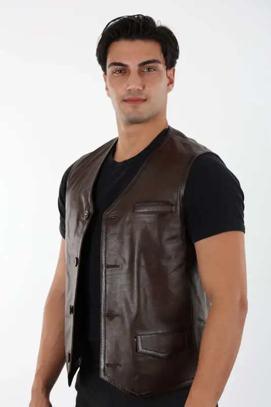 Erkek Kahverengi Hakiki Deri Yelek