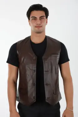 Erkek Kahverengi Hakiki Deri Yelek