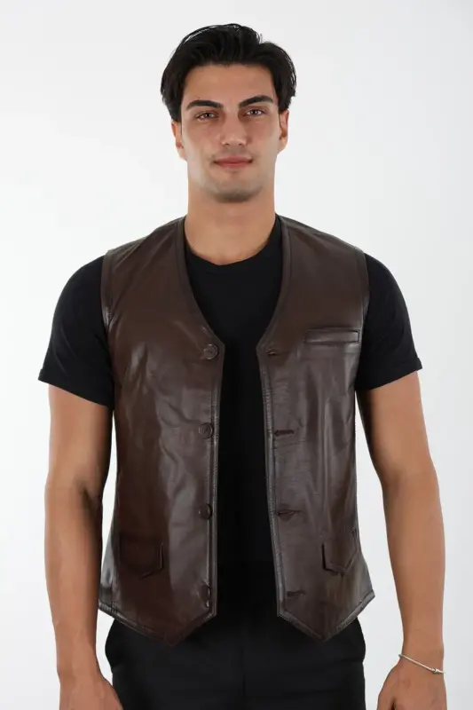 Erkek Kahverengi Hakiki Deri Yelek