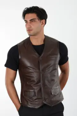 Erkek Kahverengi Hakiki Deri Yelek