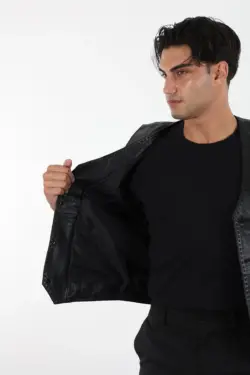 Siyah Erkek Hakiki Deri Yelek 016 - Görsel 5