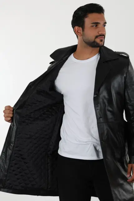 Apolda Erkek Siyah Uzun Hakiki Deri Kaban