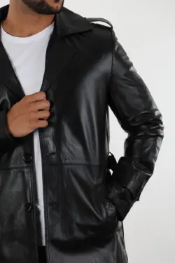 Apolda Erkek Siyah Uzun Hakiki Deri Kaban