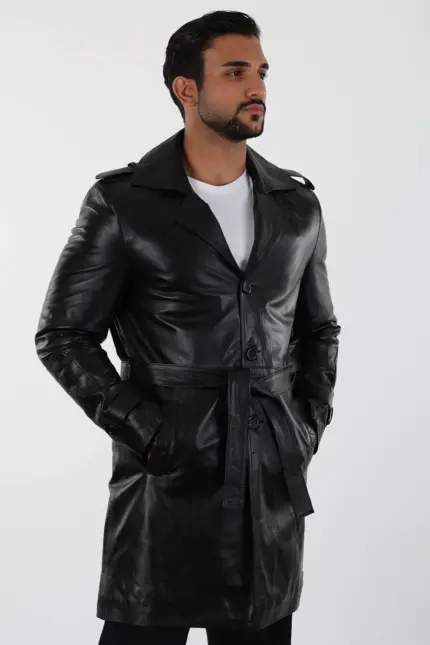 Apolda Erkek Siyah Uzun Hakiki Deri Kaban