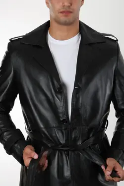 Apolda Erkek Siyah Uzun Hakiki Deri Kaban