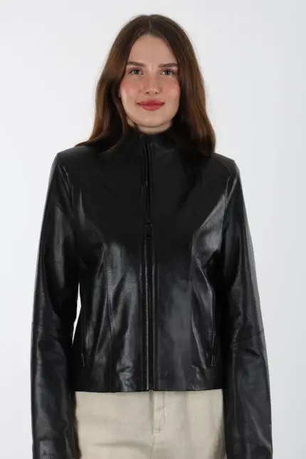 Boleyn Kadın Kısa Siyah Hakiki Deri Ceket