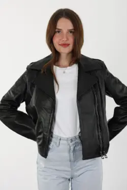 Cınar Kısa Siyah Kadın Hakiki Deri Ceket