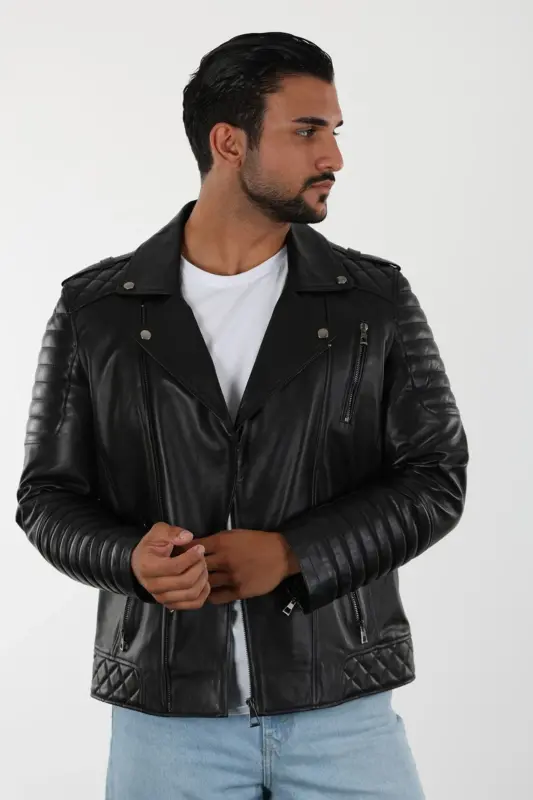 Davidson Erkek Siyah Kısa Hakiki Deri Ceket