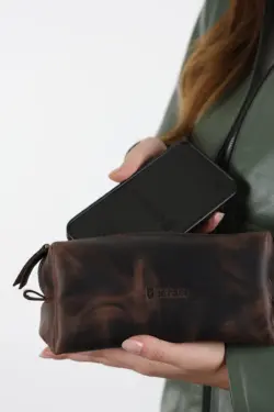 DERİHOUSE Caisson Unisex Kahverengi Hakiki Deri Çanta