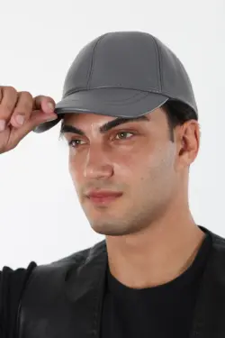 DERİHOUSE Unisex Gri Hakiki Deri Şapka